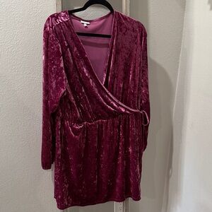 Velvet Faux Wrap Dress in Burgundy/Pink